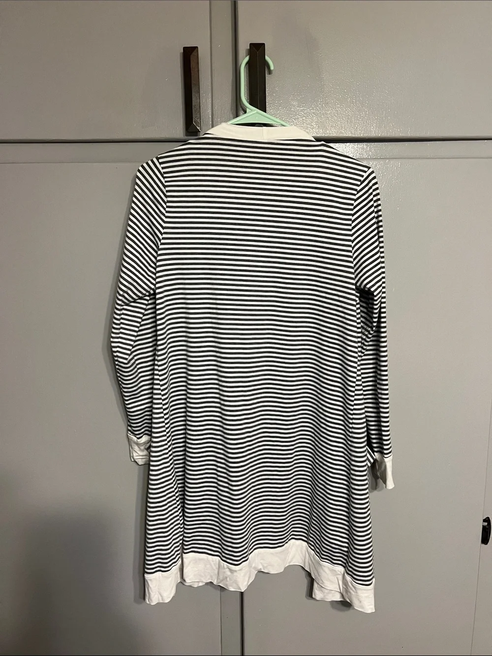 Tickled Teal Gray & White Striped Open Cardigan with Pockets